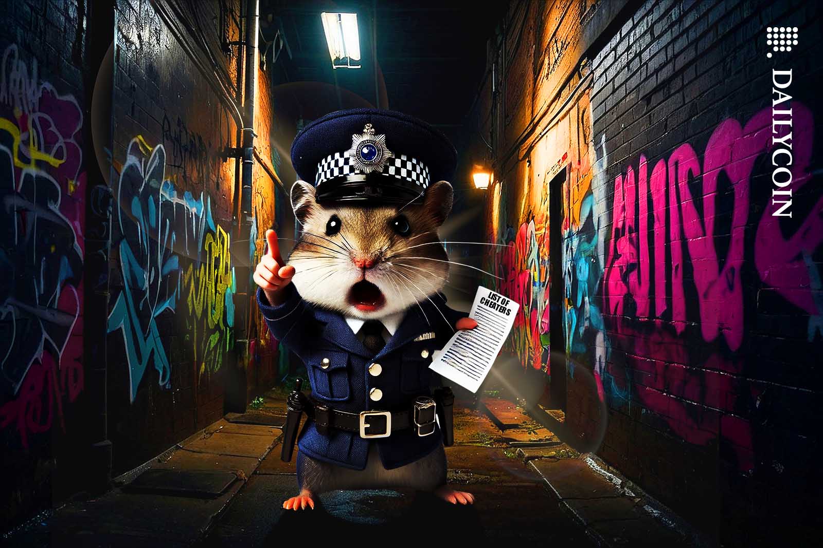Angry police hamster pointing at the camera in an angry manner.