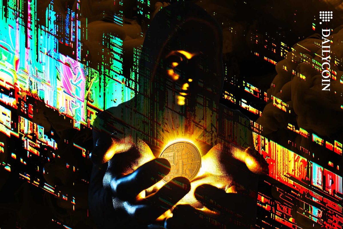 A dark human figure offering a glowing golden coin in a digital glitchy environment.