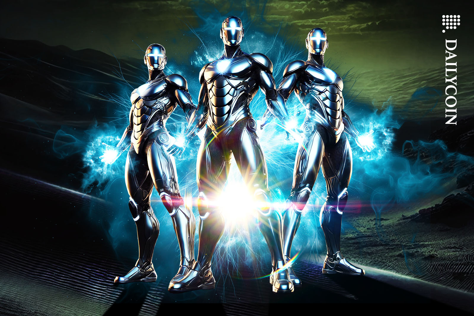 Three futuristic robots joining forces in a dark desert.