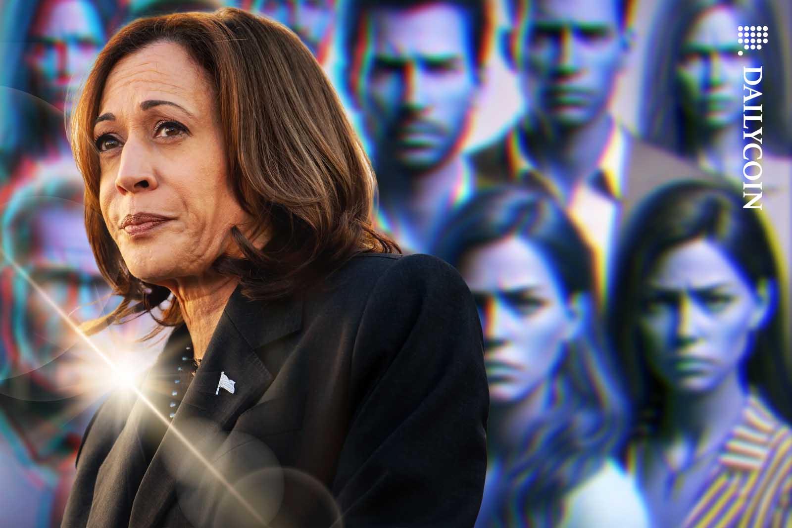 Kamala Harris with an upset dissatisfied group of people in the background.