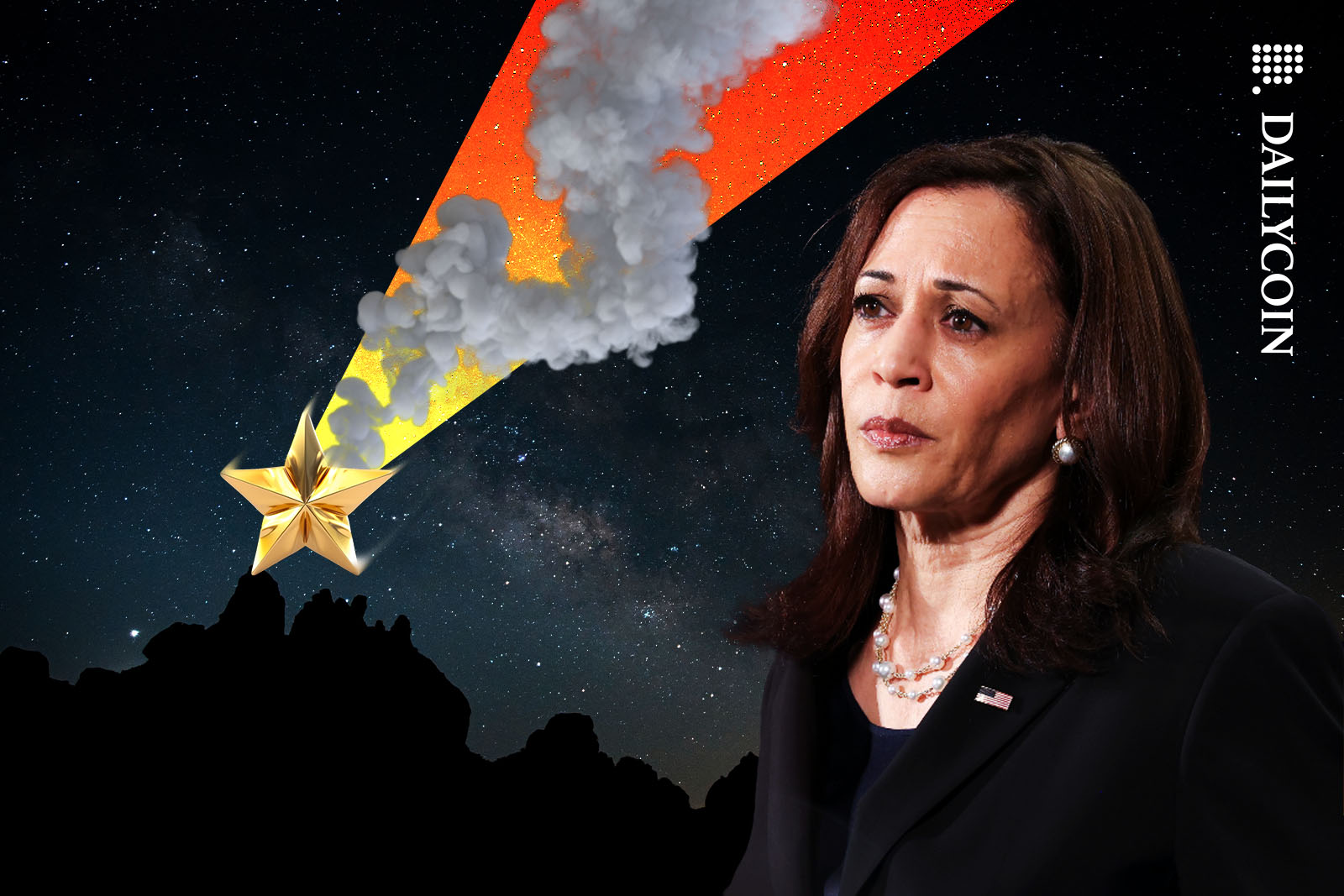 Kamala Harris looking at a falling star.