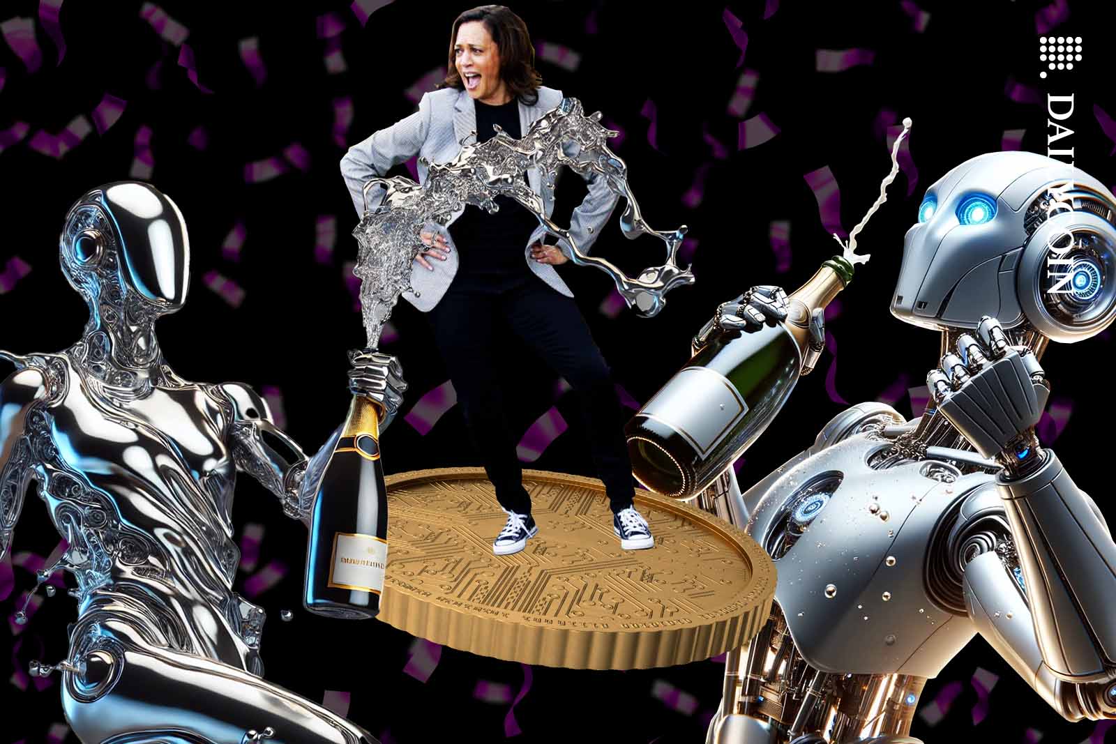 Kamala Harris dancing on a golden coin as two robots cheering her with champagne.