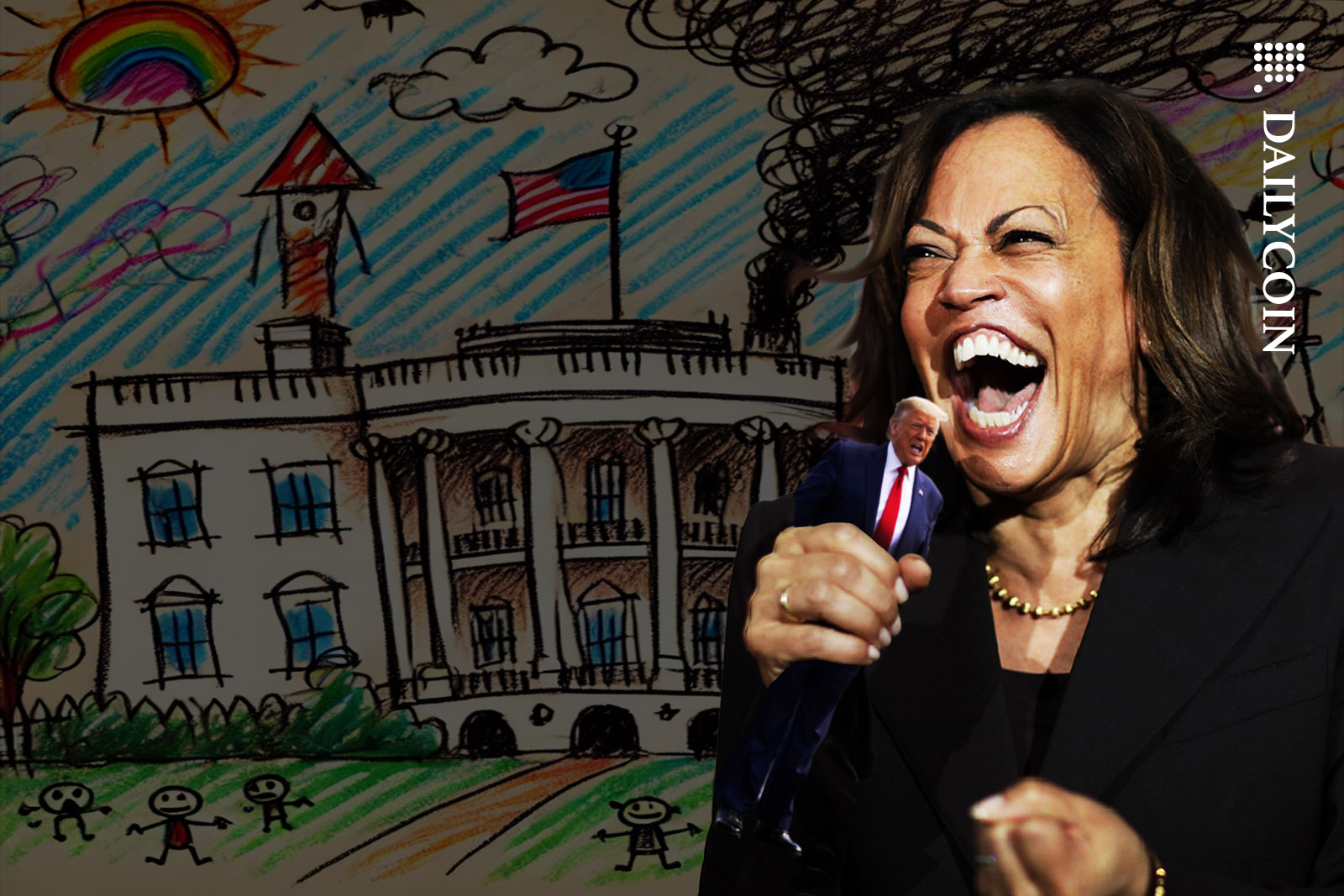 Kamala Harris about to eat Donald Trump in font of a chaotic dark children drawing of the White House.