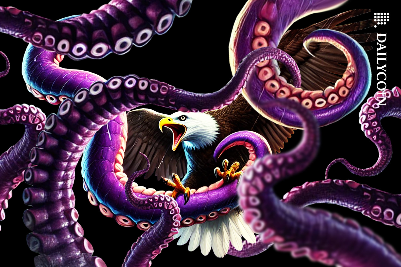 American Bald eagle fighting with purple kraken tenticles.