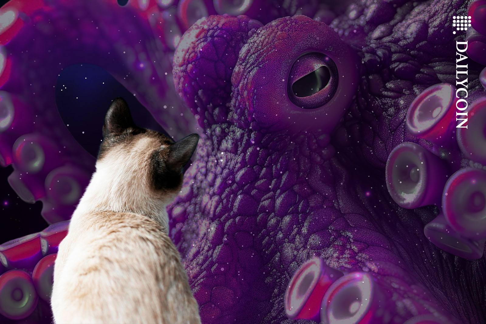 Cat locking eyes with a big purple octopus.