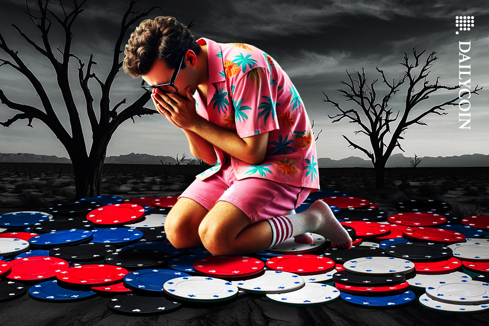 Nerd looking man in pink shorts crying on top of a pile of casino chips.