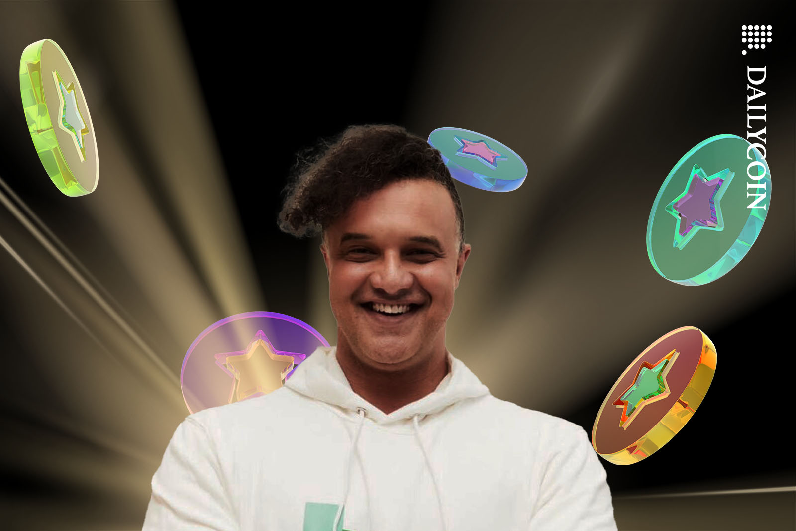 Ray Youseff founder of NoOnes surrounded by colorful glass coins.
