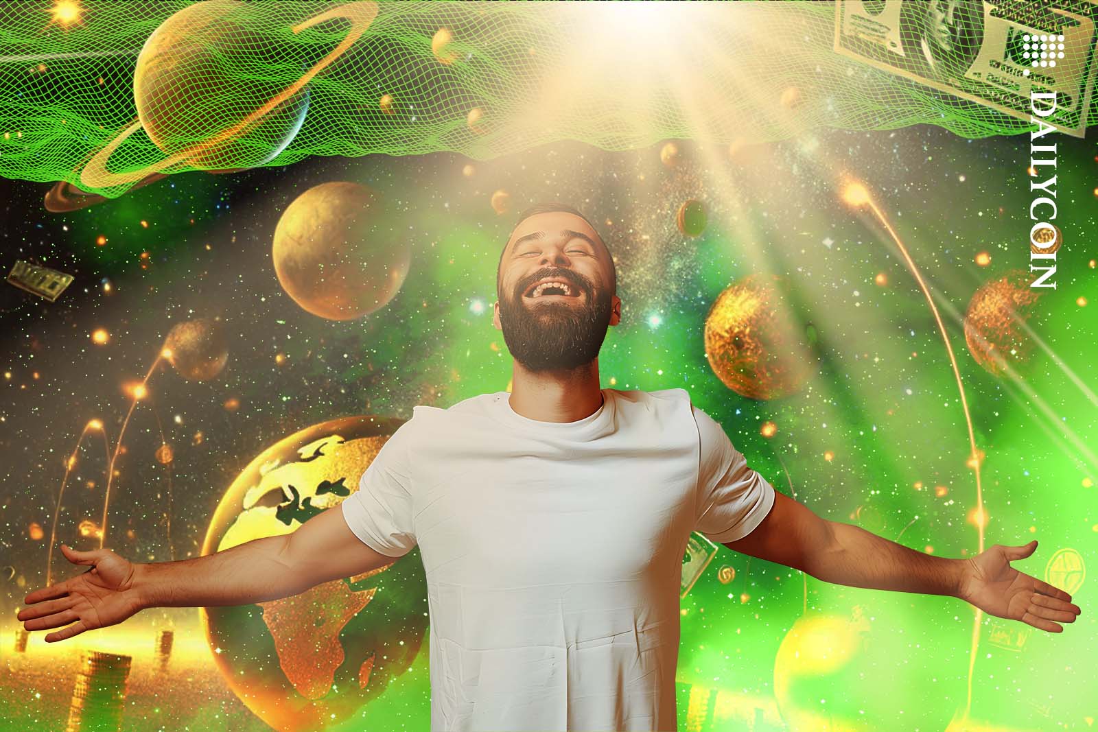 Happy man seems to be relieved enjoying the sunshine in a space filled with golden planets.