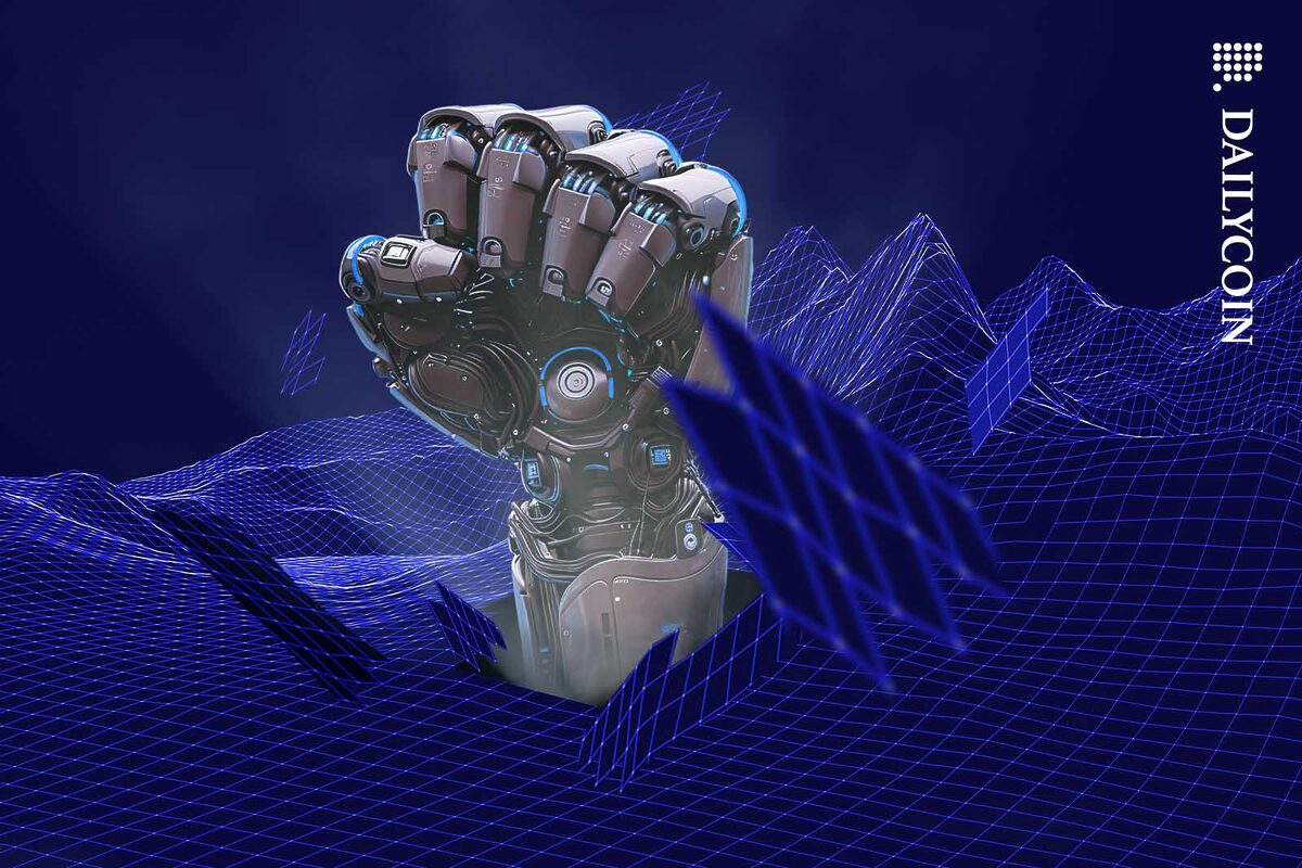 Robot fist punching through a wireframe landscape.