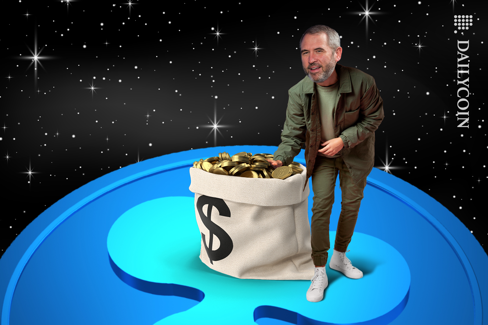 Brad Garlinghouse standing on a massive ripple coin in the night sky. Showing us a bag of stablecoins.
