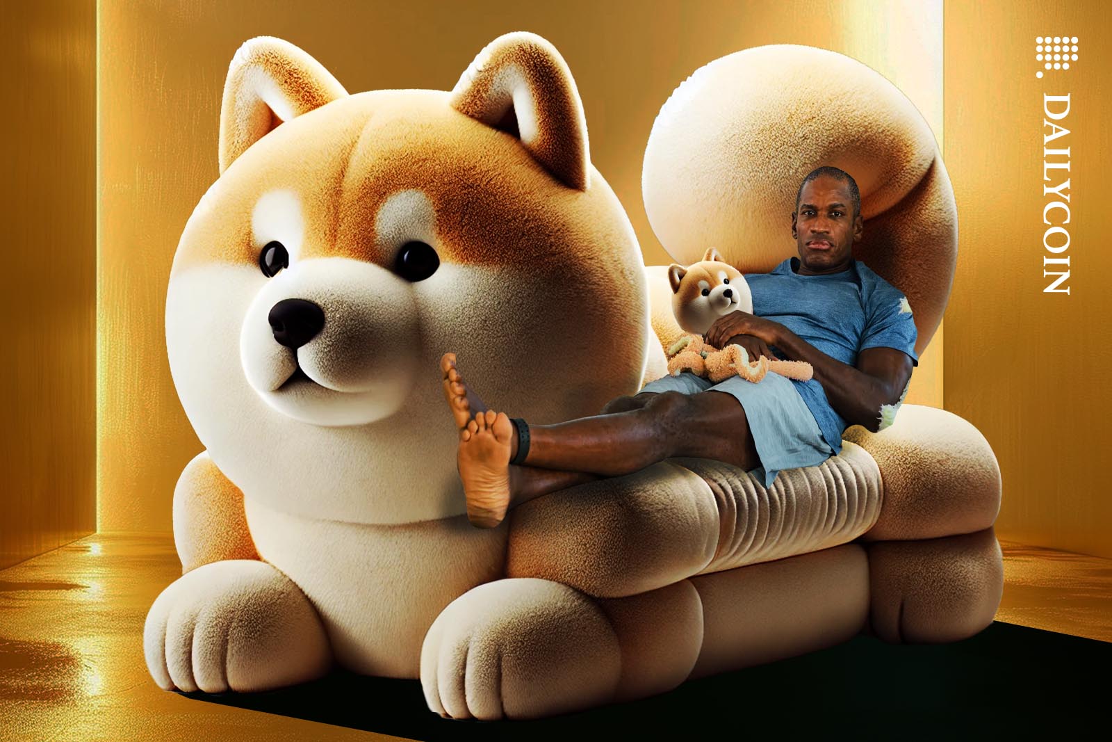 Arthur Hayes laying on a huge Shiba Inu themed sofa.