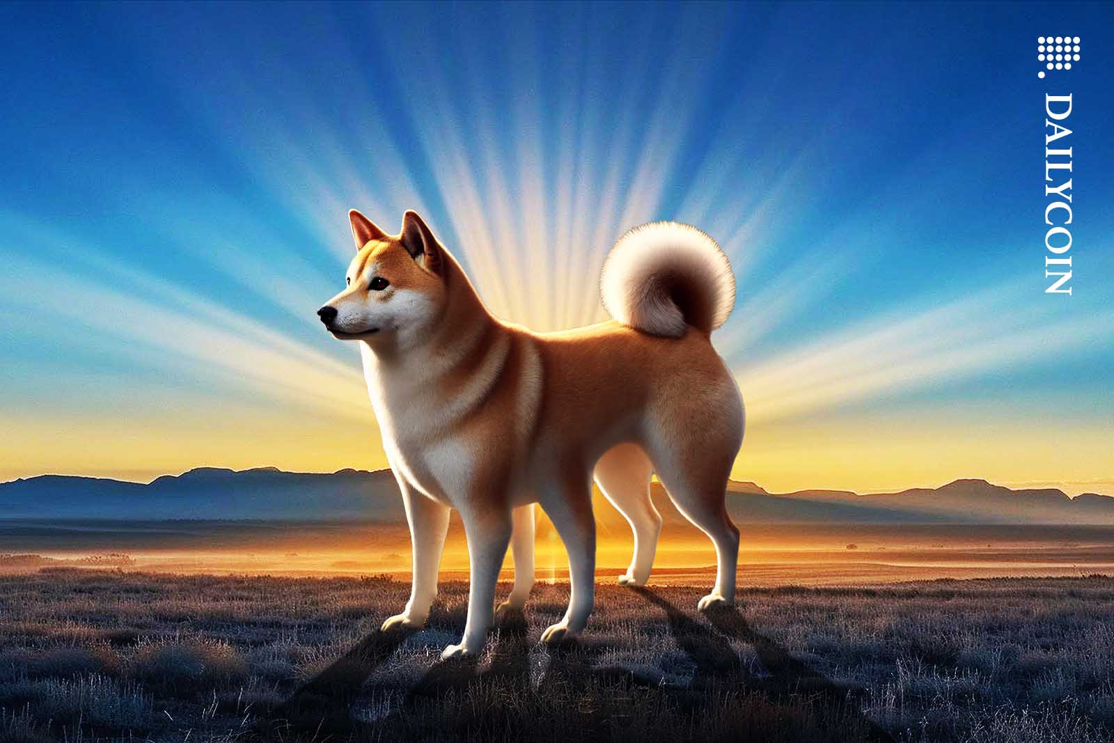 Shiba Inu standing proudly with 6 legs in front of a rising sun.