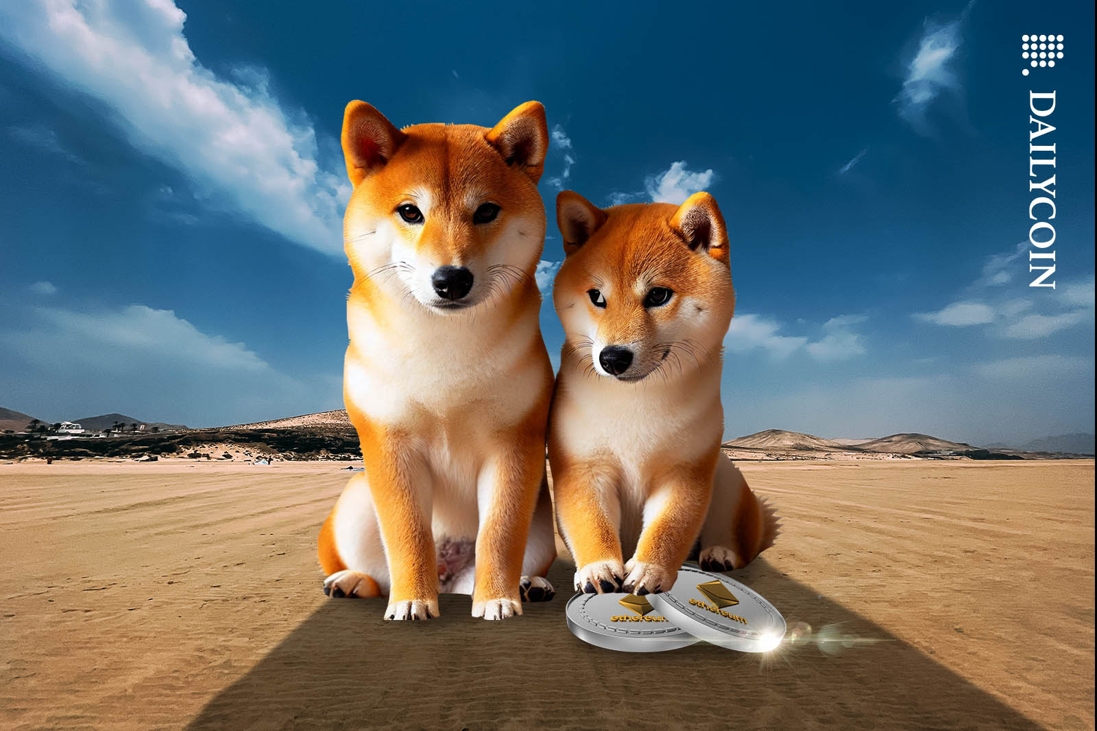 Two Shiba Inus sitting next to each other, one of them looks guilty and suspicious.