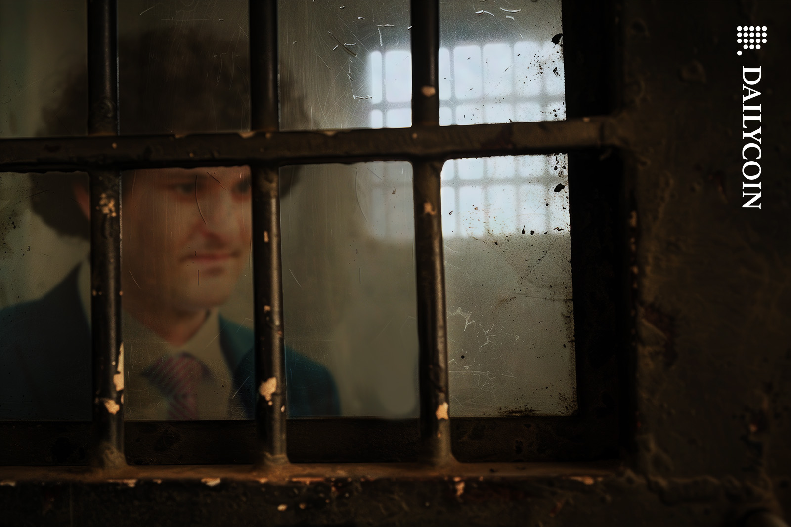 Sam Bankman Fried contemplating in a jail window.