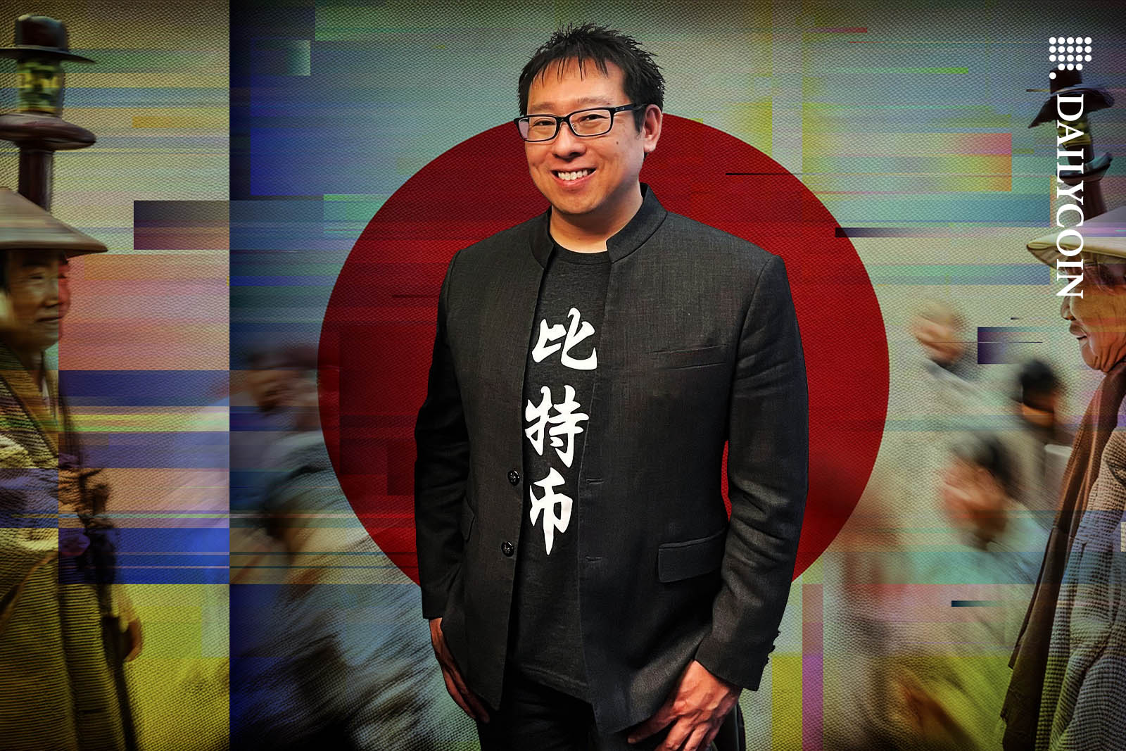 Samson Mow posing in front of a Japanese scene.