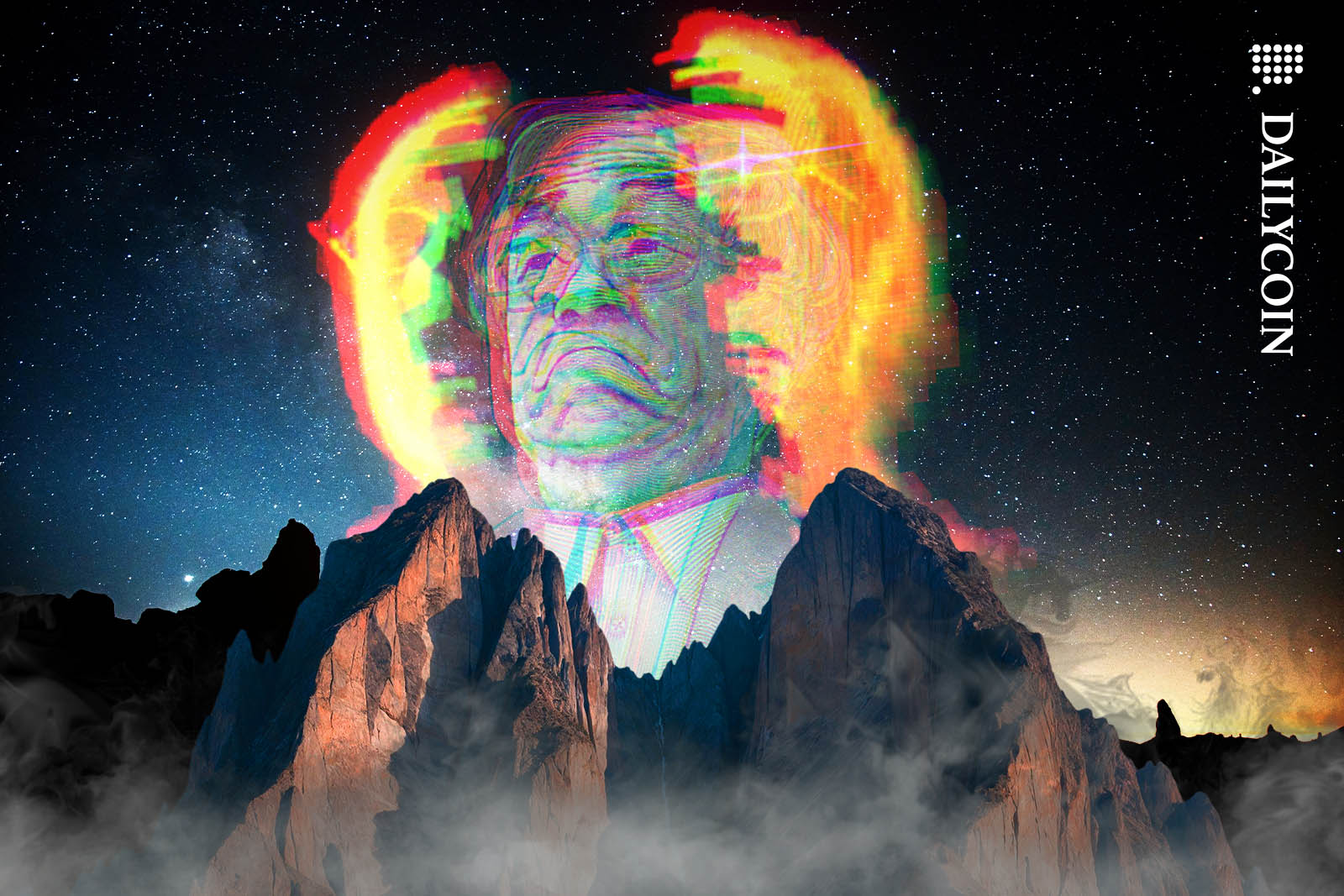 Digital Satoshi face appears above a huge mountain peak.