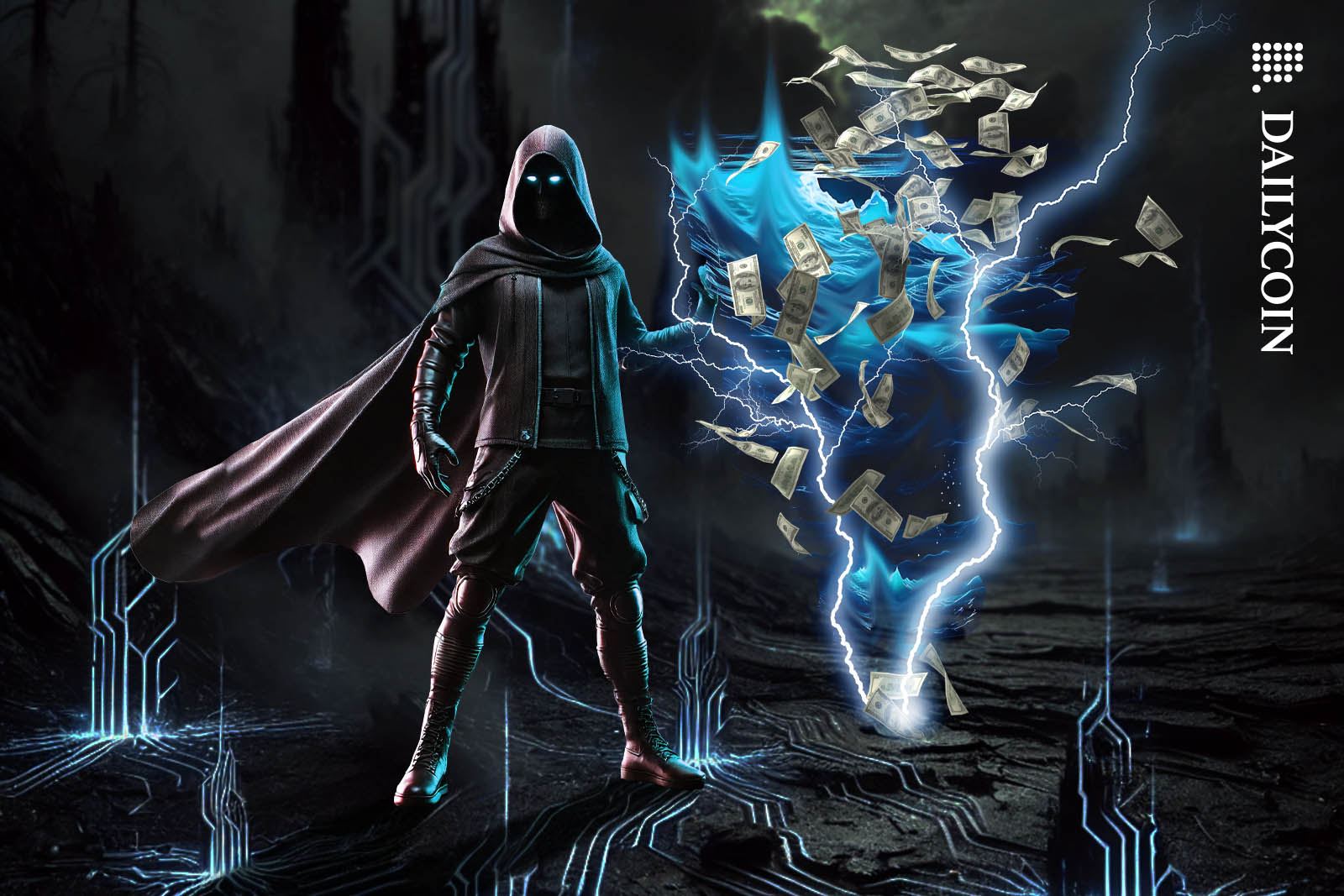 Dark hooded figure generating a digital tornado in a charred dark landscape.