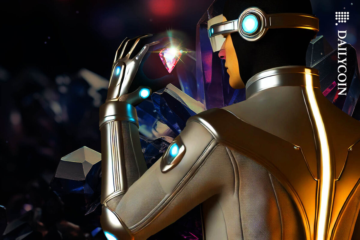Futuristic scientist examining a gem stone.