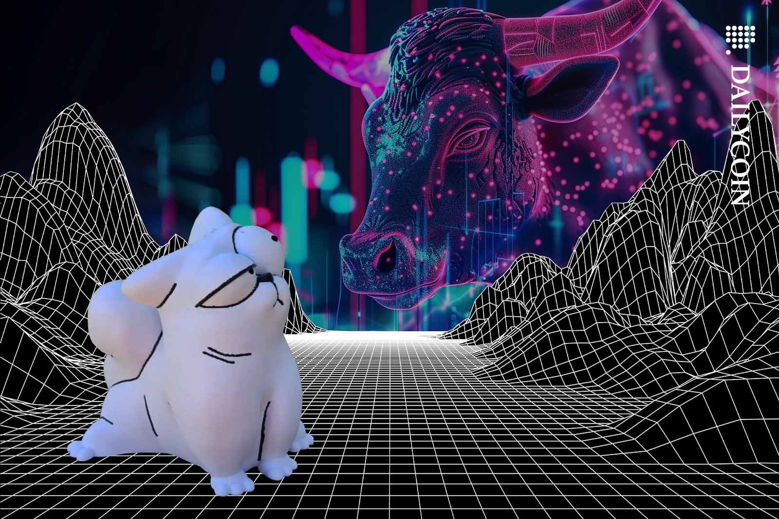 Simon's cat looking back at a digital bull appearing in the sky.