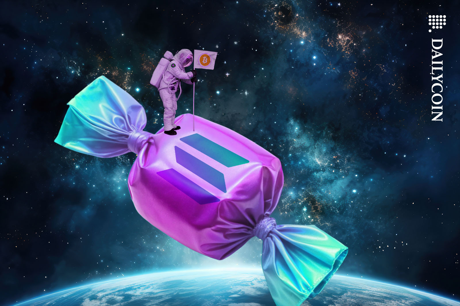 Astronaut putting a Bitcoin flag on a Solana candy floating in space.