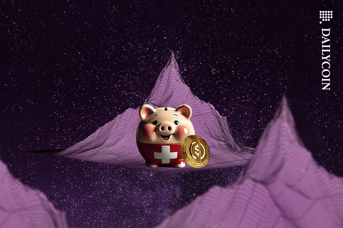 Swiss Piggy bank smiling on a wireframe mountain next to a USDC coin.