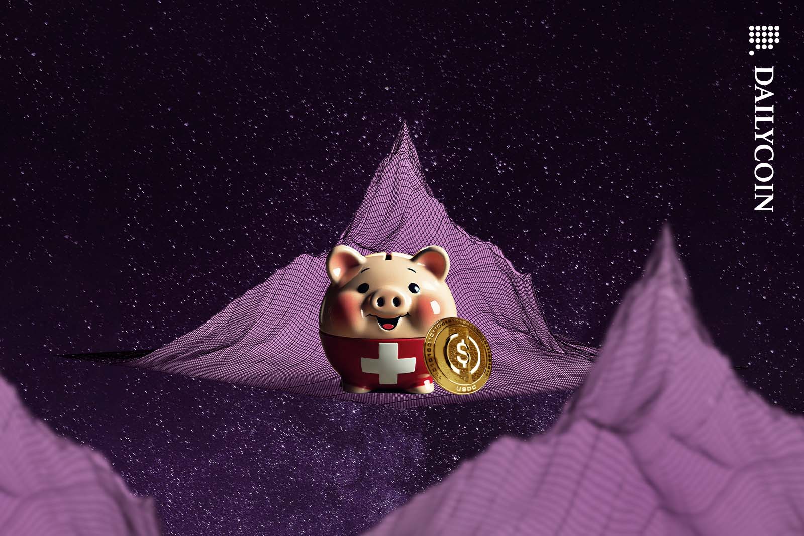Swiss Piggy bank smiling on a wireframe mountain next to a USDC coin.