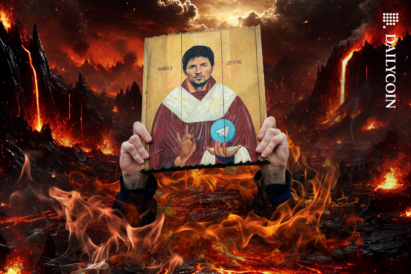 A religious type wooden tablet with an image of Pavel Durov being held just above burning lava.