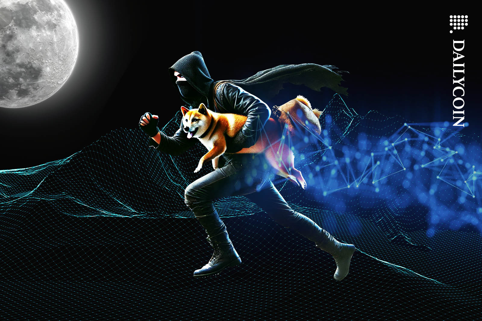 Thief running with a Shiba Inu under his arm at night illuminated by the Moon.