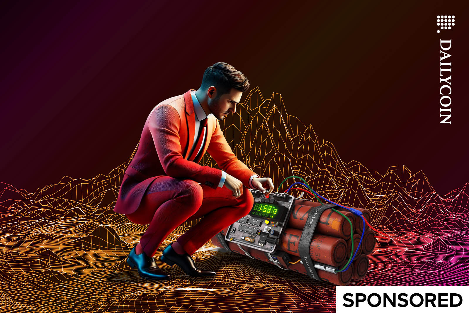 A man in a red suit setting up the timer on a bomb.