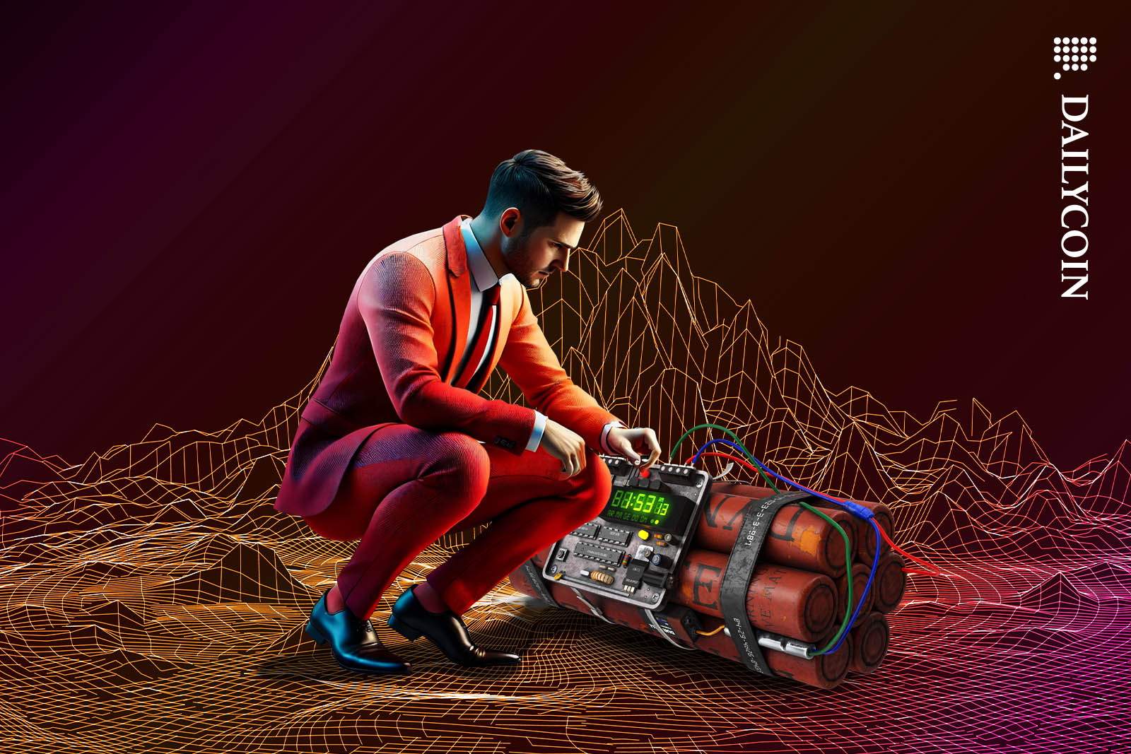 A man in a red suit setting up the timer on a bomb.