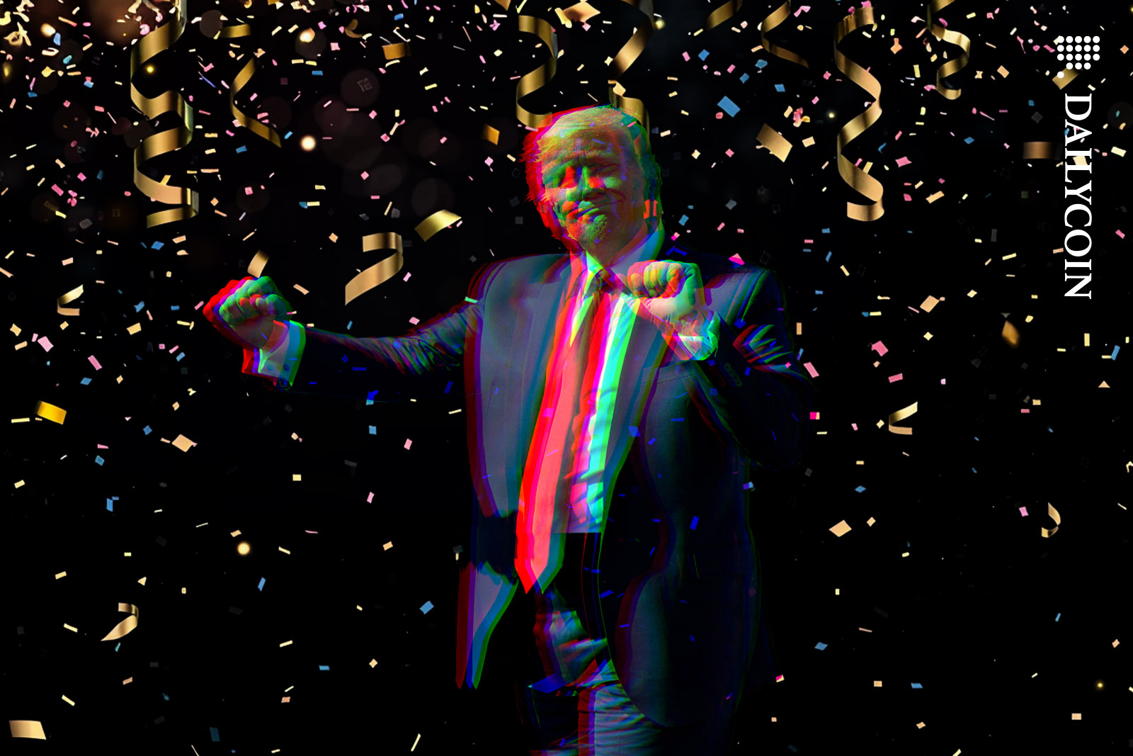 Donald Trump dancing in a confetti rain.