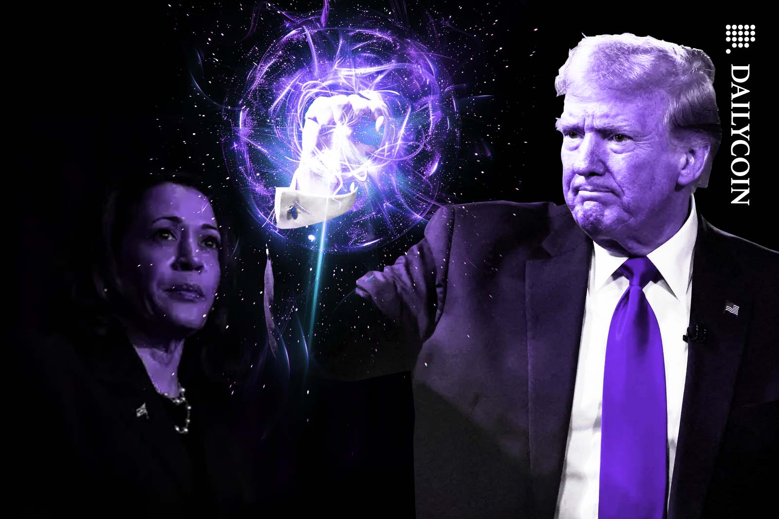 Donald Trump in the foreground with an energy sphere around his fist, as Kamala Harris watching it from the background.