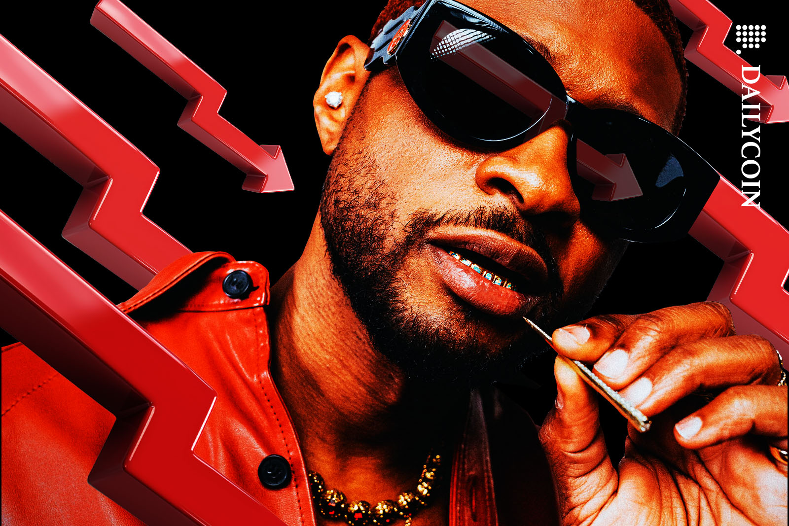 Usher posing with a golden toothpick and lots of red arrows.