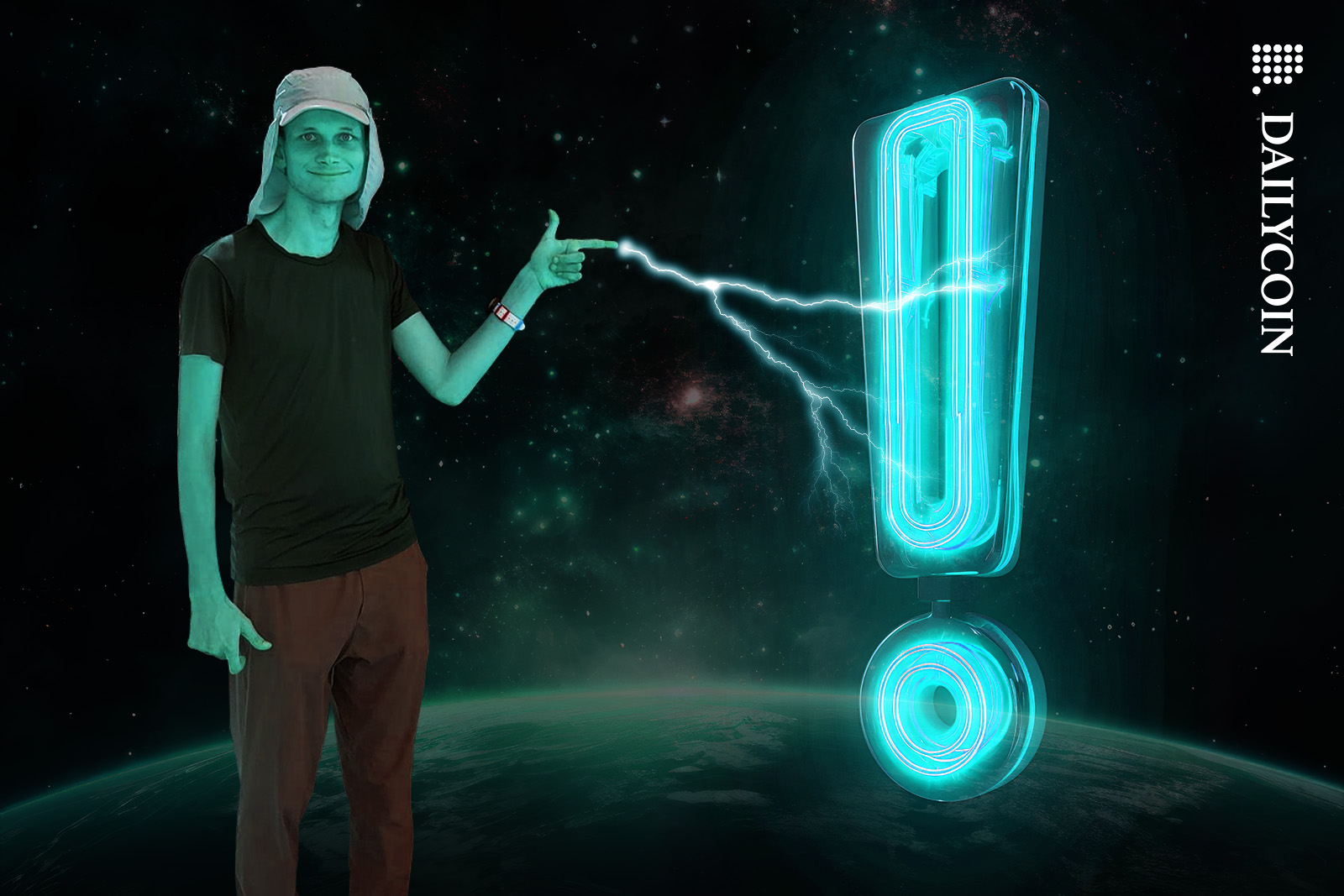 Vitalik Buterin energizing a big neon exclamation mark with his finger.