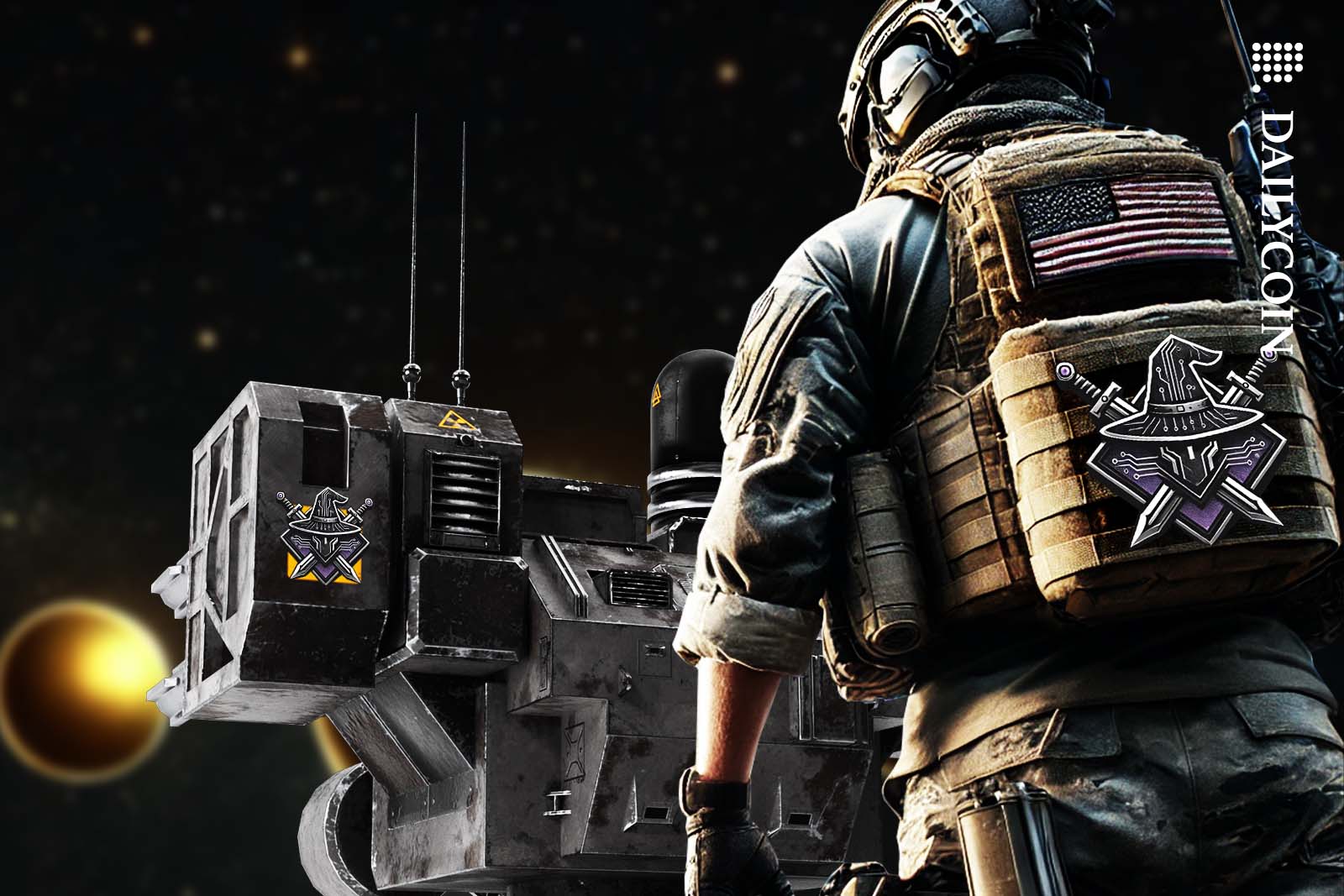 Soldier standing behind a big futuristic weapon aiming at a golden planet.