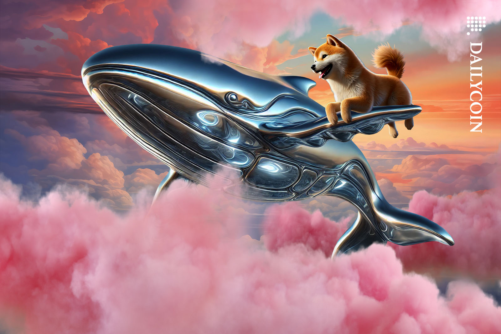 Dogecoin dog riding on a futuristic liquid metal whale flying in the clouds.
