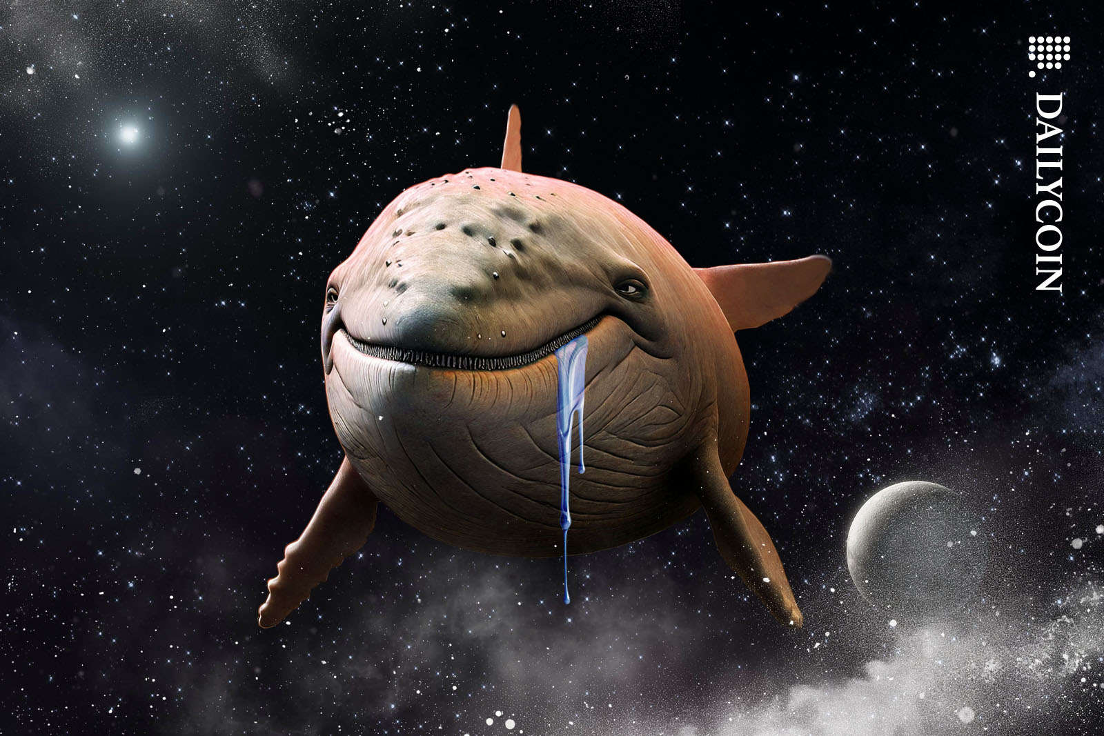 A whale with a weird smile on his face drooling in space.
