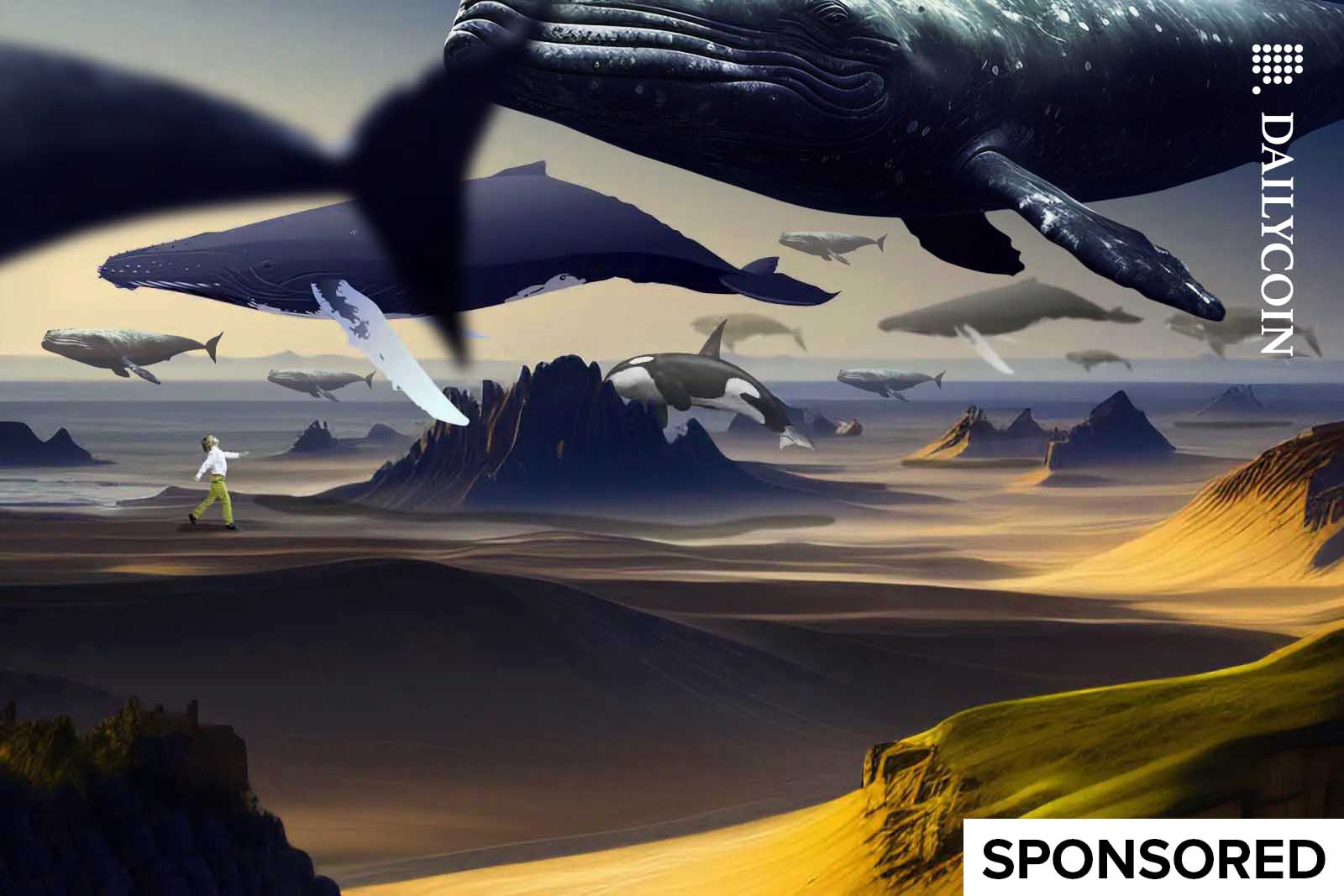Whales flying by in a Desert.