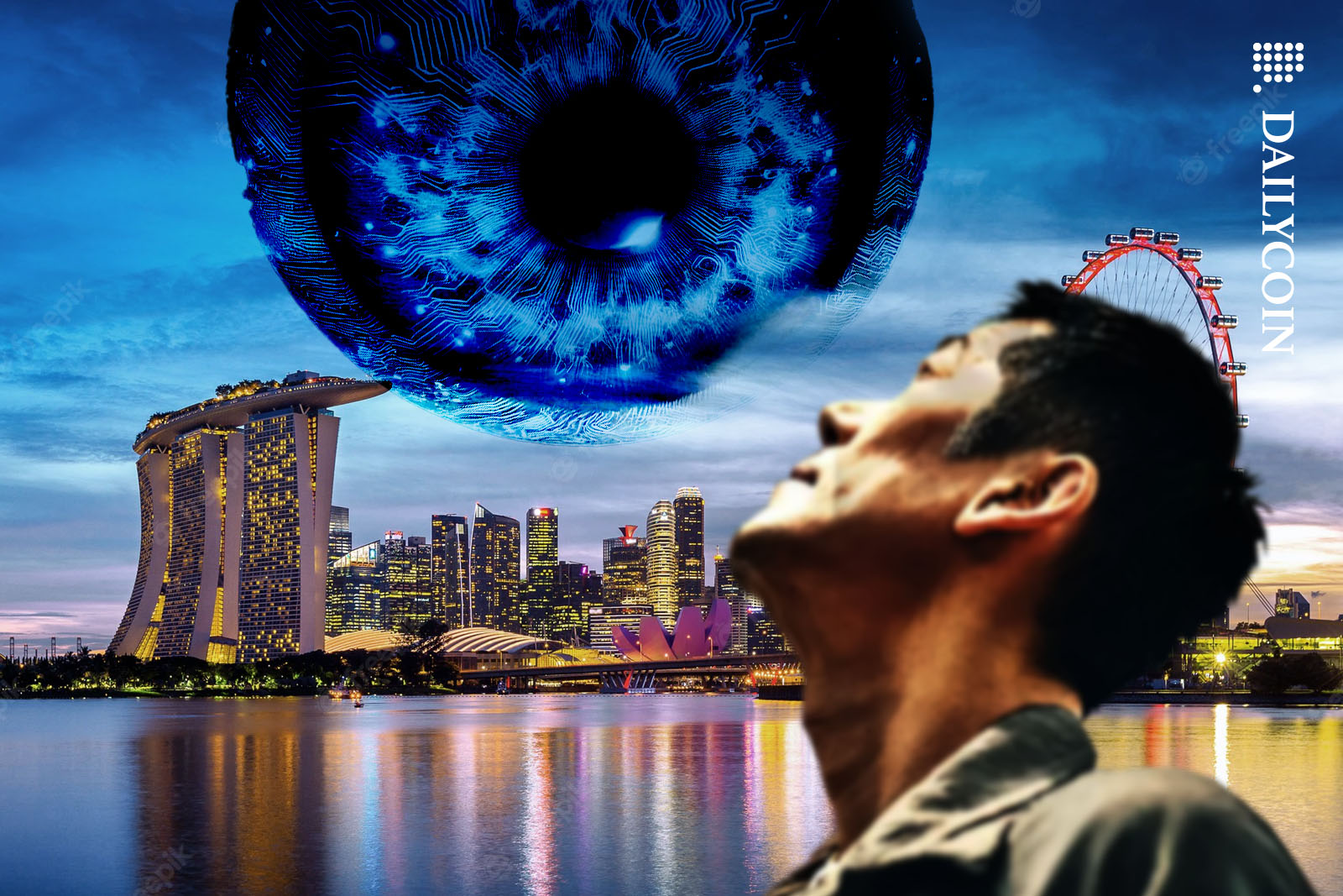 Singaporian man staring at a huge digital eyeball on the sky above Singapore.