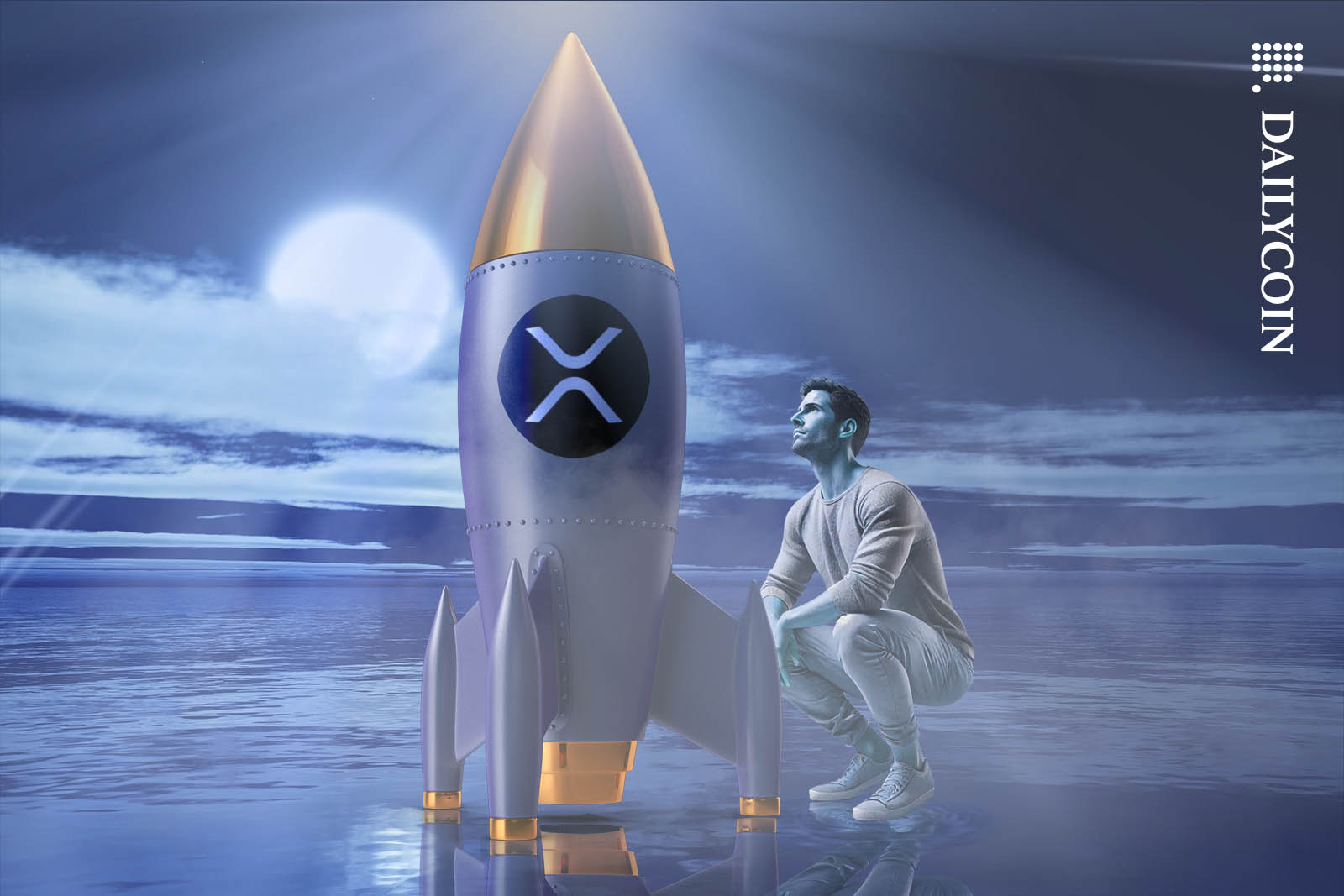 Man squatting next to an XRP rocket on water, looking up towards the sky expecting an XRP price rise.