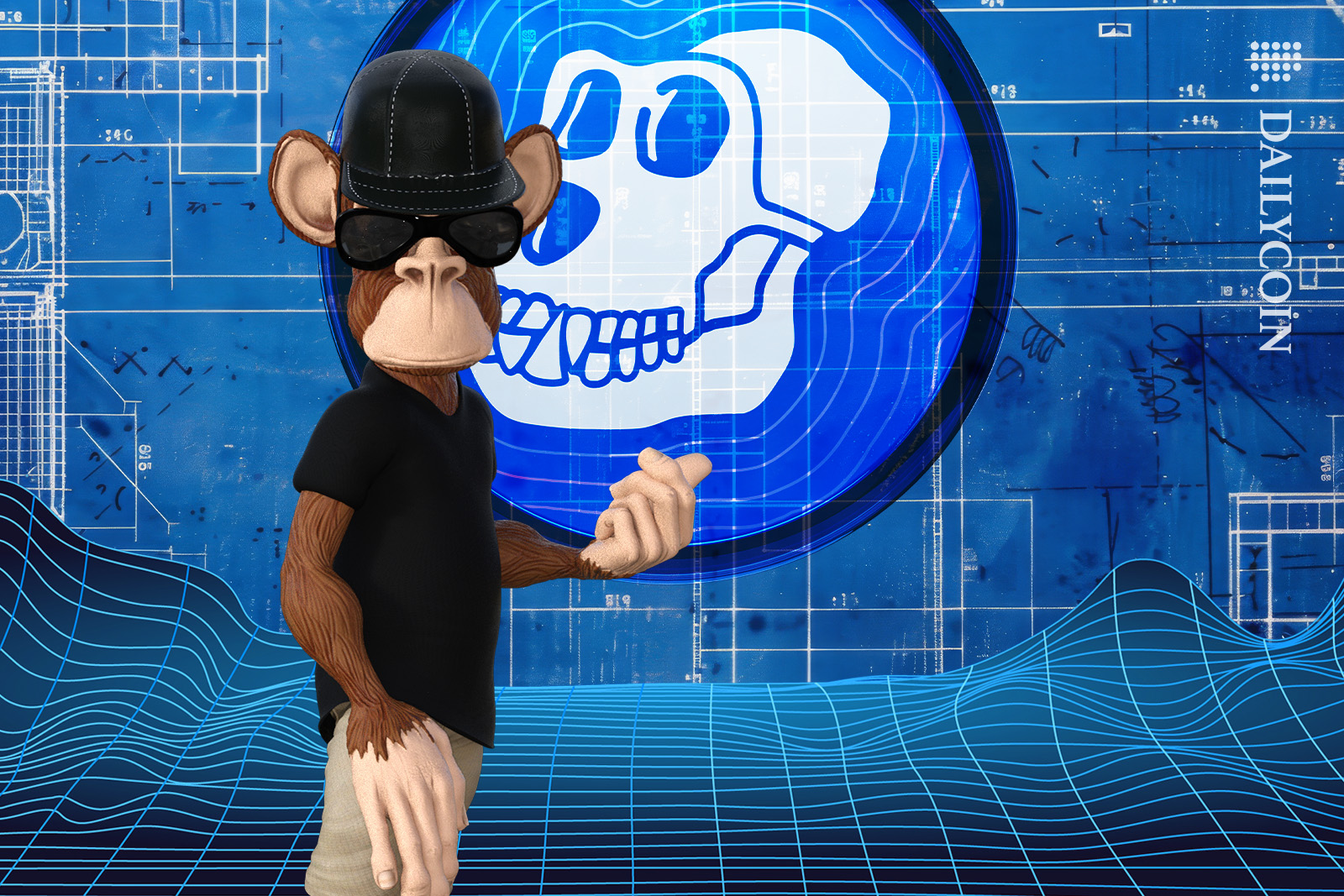 Bored ape pointing to the blueprint of Apecoin.