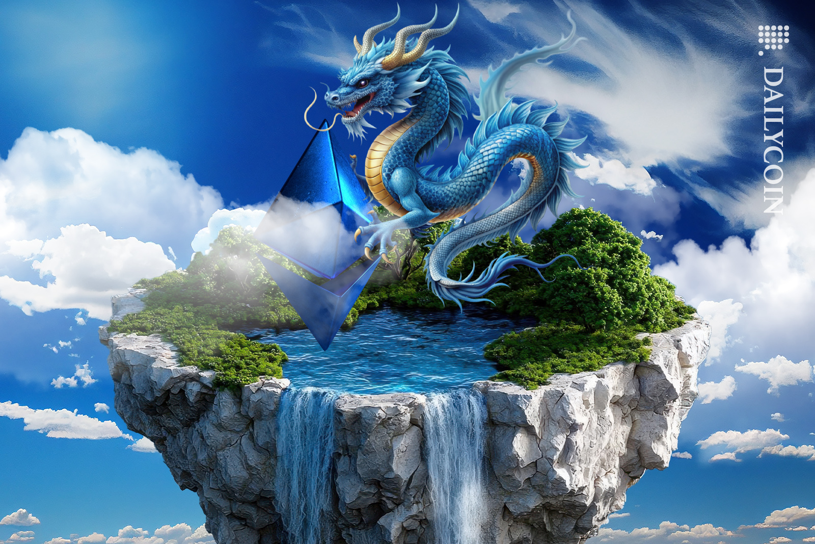 Blue dragon on a clean island holding on to Ethereum.