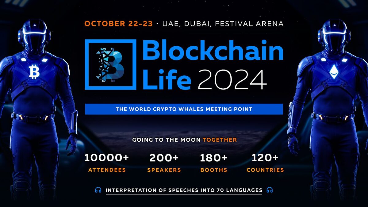 Blockchain life 2024 conference advertisement banner.