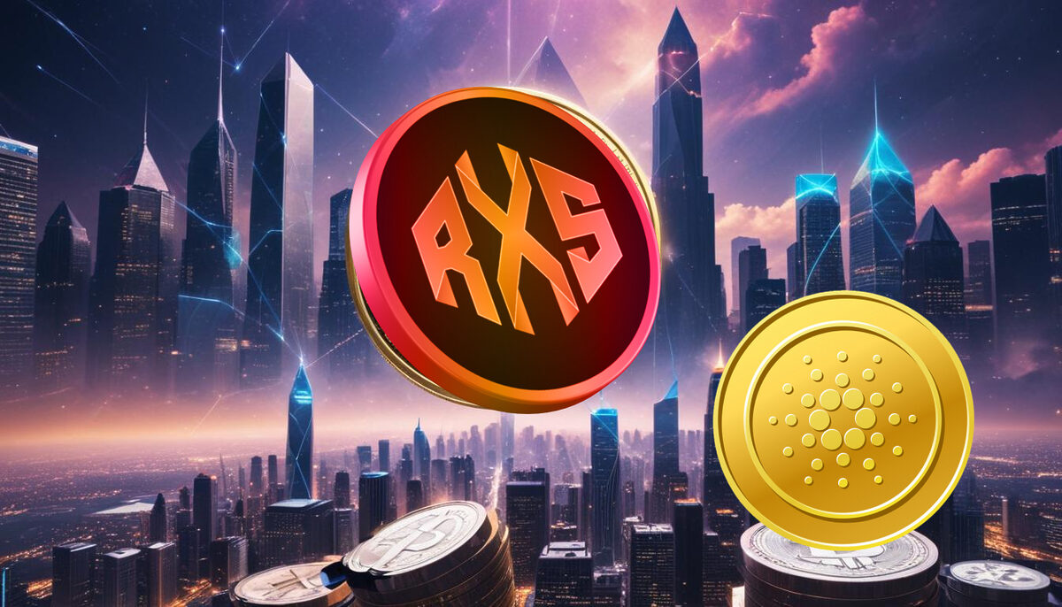 RXS token next to a Cardano ADA coin floating above the futuristic city.