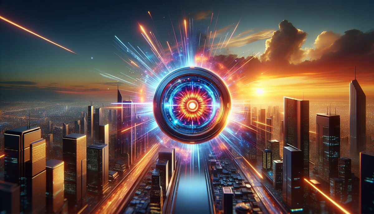 Futuristic looking teleportation device above a city.
