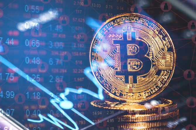 Bitcoin in front of a blockchain map.