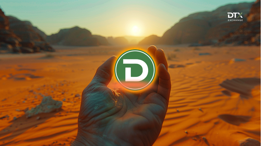 A hand holding DTX Exchange logo in a dessert.