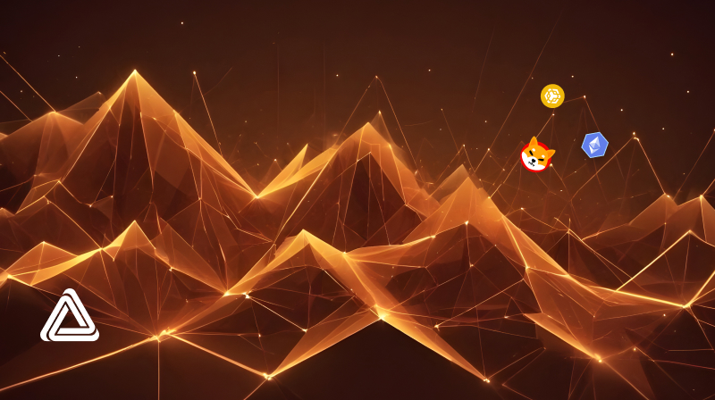 Crypto tokens floating around digital mountains.