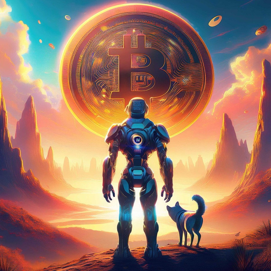 Robot looking up at a giant Bitcoin with a dog on his side.