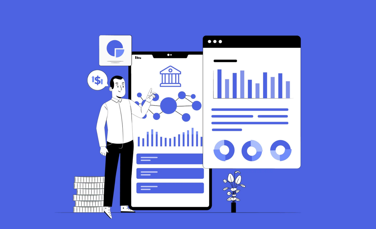 A man standing next to two charts, one with a bank symbol at the top, and another with graphs showing the fluctuation of crypto prices.
